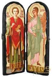 Ікона під старовину Святий цілитель Пантелеймон і Святий Ангел Хранитель Складення подвійний 10x30 см - фото