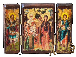 Ікона під старовину Святі Кипріян і Юстина складень потрійний 14x10 см - фото