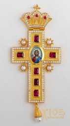 Хрест наперсний латунь, золочення, каміння цирконій, з ланцюжком у футлярі. (Греція) - фото