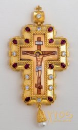 Хрест наперсний латунь, золочення, фініфть, каміння цирконій, з ланцюжком у футлярі. (Греція) - фото