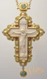 Хрест наперсний позолочений з дорогоцінним камінням авантюрин, аметист. (Греція) - фото