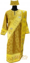 Стихар дияконський (150 см) з подвійним орарем і поручами, парча жовтого кольору, вишивка на оксамиту - фото