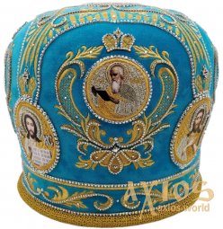 Митра "Корона", блакитний оксамит, вишивка золотою ниткою - фото