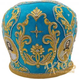 Митра "Зірка", блакитний оксамит, вишивка золотою ниткою - фото