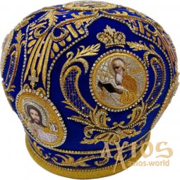 Митра "Корона", синій оксамит, вишивка золотою ниткою - фото