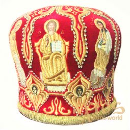 Митра червоний оксамит, вишивка золотими японськими нитками, вишиті Образи Ісуса Христа, Божої Матері і святих, ПД010755 - фото