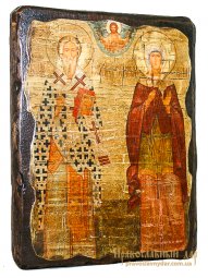 Ікона під старовину Священномученик Кипріан і Свята мучениця Іустина 17х23 см - фото