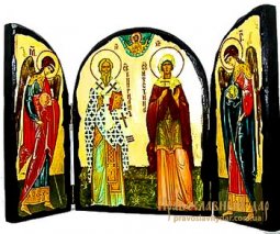 Ікона під старовину Священномученик Кипріан і Свята мучениця Іустина Складень потрійний - фото