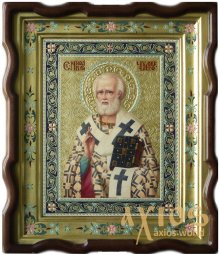 Писана Ікона Святий Миколай Чудотворець 31х24 см (вільха, різьблення, золото, живопис) - фото