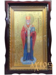 Писана ікона Святий Миколай, різьблений багет, кіот, 28х44 см - фото