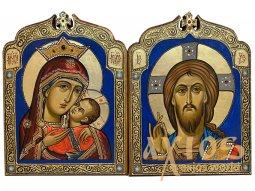 Вінчальна пара ікона «Спасителя» і ікона Божої Матері «Богородиця Касперовская», золочення, інкрустація каміння, 29х29 см - фото