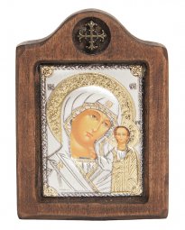 Ікона Божа Матір Казанська, Італійський оклад №1, 6х8 см,  дерево вільха - фото