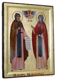Ікона святі Петро і Февронія Муромські в позолоті Грецький стиль 17x23 см - фото