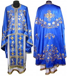 Облачення священицьке, вишите на атласі синього кольору, грецький крій R040g - фото