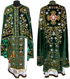 Облачення священицьке, вишите на оксамиті зеленого кольору, вишита ікона і галун, грецький крій R046G plus - фото