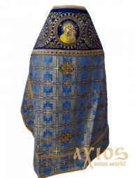 Облачення священицьке, комбіноване, основна тканина - блакитна парча, плечі вишиті на синьому оксамиті, малюнок на основній тканині - хрести - фото
