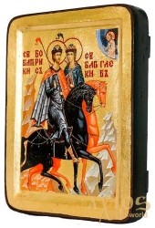 Икона Святые мученики князья Борис и Глеб Греческий стиль в позолоте 30x40 см Икона Святые мученики князья Борис и Глеб Греческий стиль в позолоте 30x40 см - фото