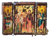 Ікона під старовину Святі Кипріян і Юстина складень потрійний 14x10 см