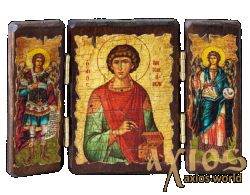 Ікона під старовину Святий великомученик і цілитель Пантелеймон складень потрійний 14x10 см - фото