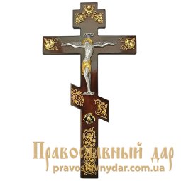Хрест напрестольний латунний на дереві в позолоті - фото