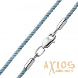 Шовковий блакитний шнурок зі срібною гладкою застібкою (2 мм), срібло 925, шовк, О 18497 - фото
