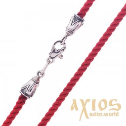 Шовковий червоний шнурок зі срібною застібкою (3 мм), срібло 925, шовк, О 18478 - фото