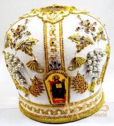 Митра "Колос" біла, вишивка золото з намистинами - фото