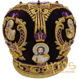 Митра "Корона" із золотою вишивкою на фіолетовому оксамиті, інкрустована камінням - фото