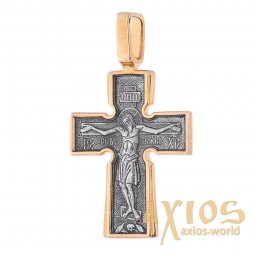 Натільний хрестик «Розп'яття. Божа Матір «Втілення». «П'ять святітітетелей», срібло 925 ° з позолотою і чорнінням, 39х20 мм, О 131347 - фото