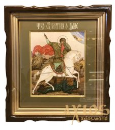 Писана ікона Святого Георгія Побідоносця 27х31 см, в дерев&#39;яному кіоті під склом (Чудо Георгія про змія) - фото