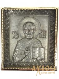 Ікона в металі Святий Миколай, сріблення, позолочена рамка, 5х5 см - фото