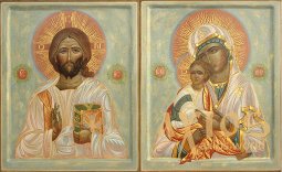 Вінчальна пара Ікона Спасителя і Донська Богородиця, дошка, левкас, яєчна темпера, позолота, 34х28 см - фото