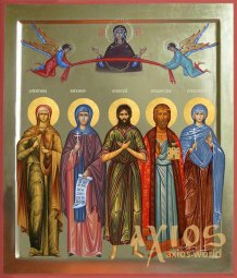 Писана сімейна ікона, 5 святих, 30х40 см, золото - фото