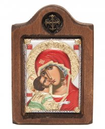Ікона Божа Матір Володимирська, Італійський оклад №1, емалі, 6х8 см, дерево вільха - фото