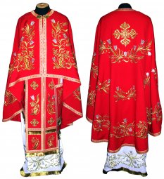 Облачення священицьке, вишите на червоному шовкуі, грецький крій  - фото
