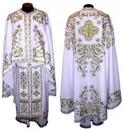 Облачення священицьке, вишите на габардині білого кольору, вишитий галун, грецький крій R46plus - фото