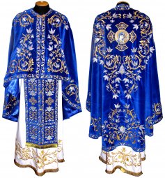 Облачення священицьке, вишите на оксамиті синього кольору, вишита ікона і галун, грецький крій R046G plus - фото