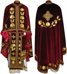 Облачення священицьке, вишите на оксамиті бордового кольору, вишитий галун, грецький крій R066G - фото