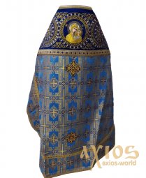Облачення священицьке, комбіноване, основна тканина - блакитна парча (малюнок - хрести), плечі вишиті на темно-синьому оксамиті - фото